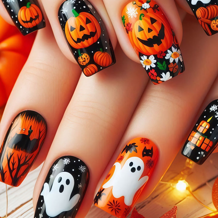 Creative Halloween Art Nails with Ghost and Pumpkin Design Bowlift