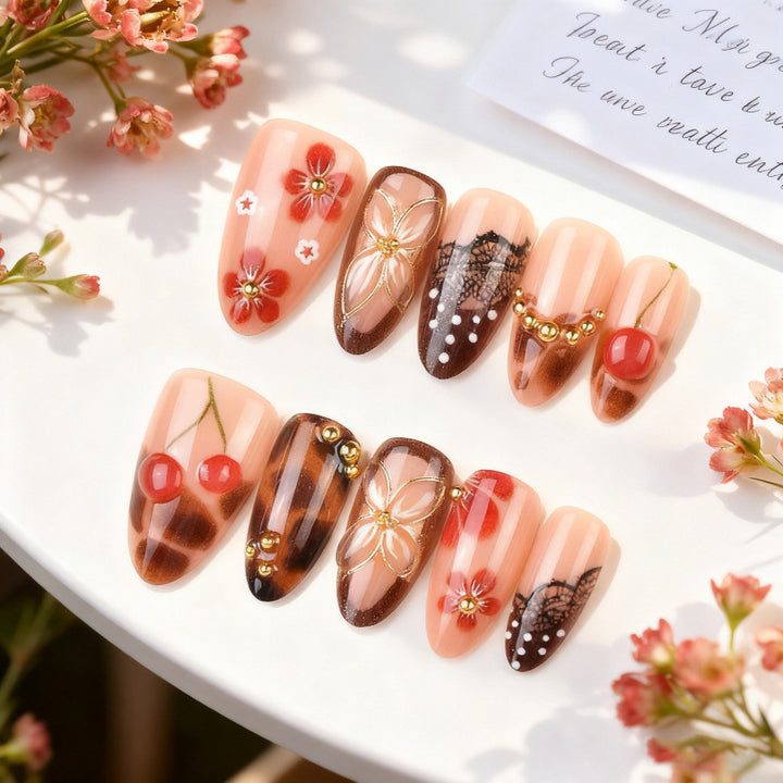 High-quality artificial nail creation with floral decorations Bowlift
