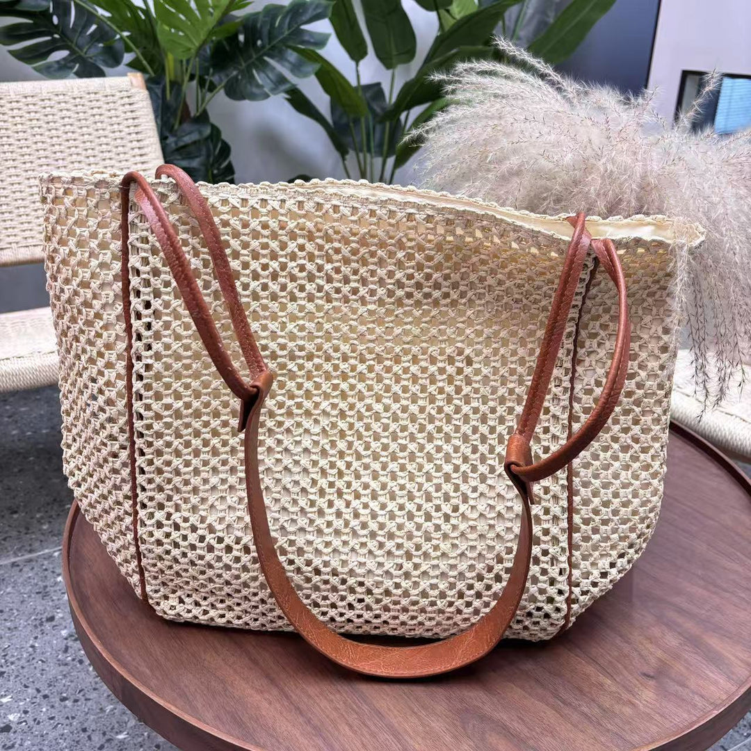 Woven Cotton Handbag with Leather Handles Bowlift