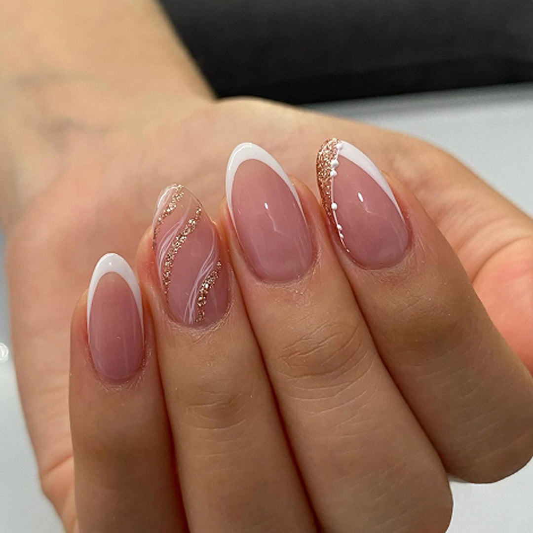 Elegant French-Tip Artificial Nails with Glitter Accents Bowlift