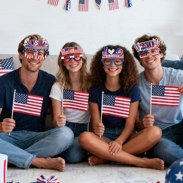 Unisex nan patriotic party glasses made of sturdy cardboard with USA flag design and fireworks toppers Bowlift