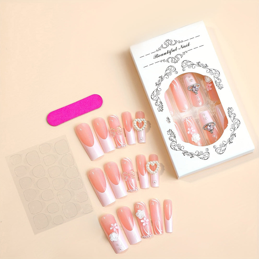 Artificial nail set with glamorous designs and decorative applications Bowlift