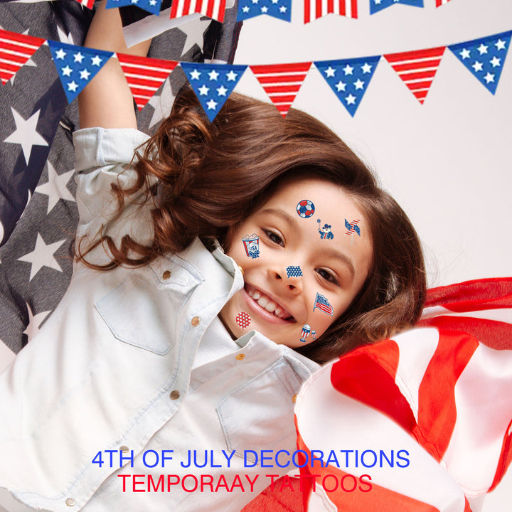 Independence Day illustrated temporary tattoo sheets with assorted patriotic icons skin-safe waterproof Bowlift