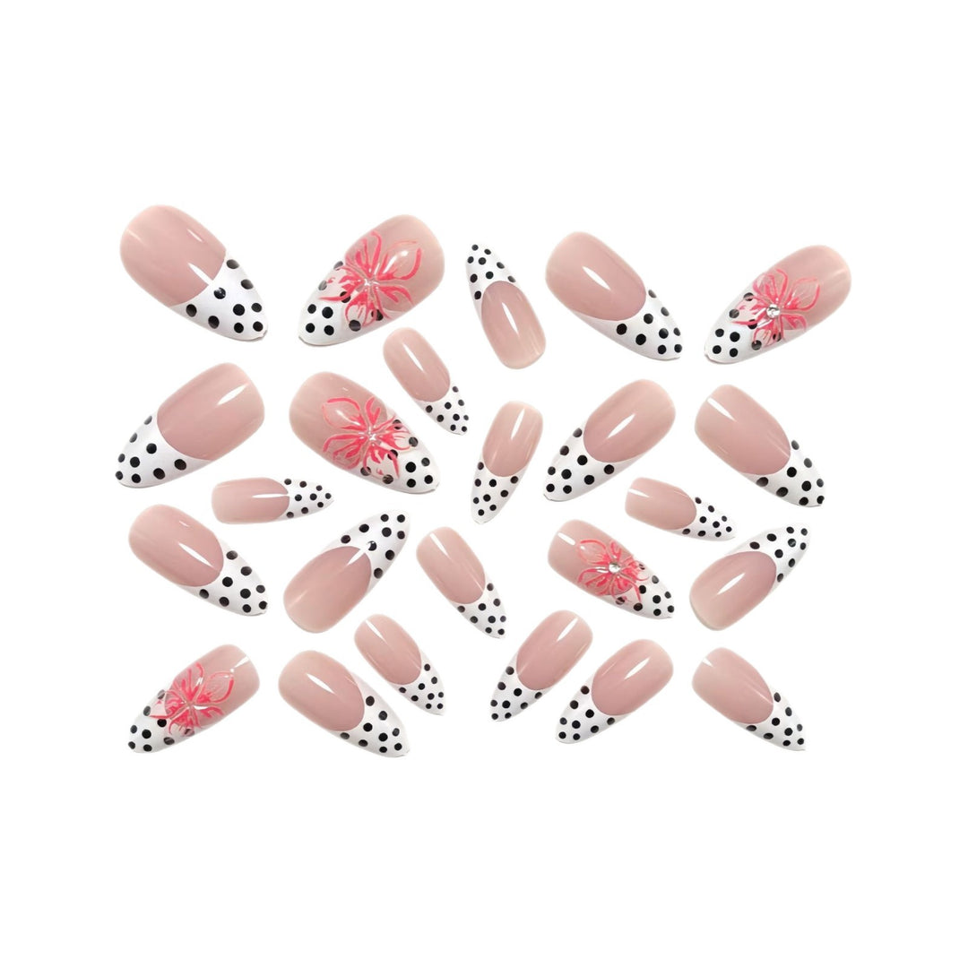 Artificial nails with elegant flower design and dots Bowlift