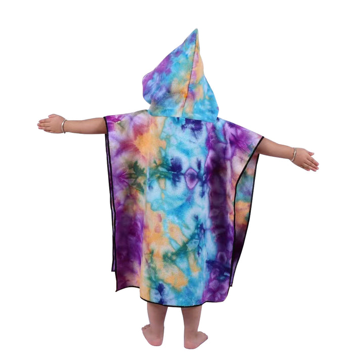 Women's Fleece Poncho with Hood and Colorful Tie-Dye Design Bowlift