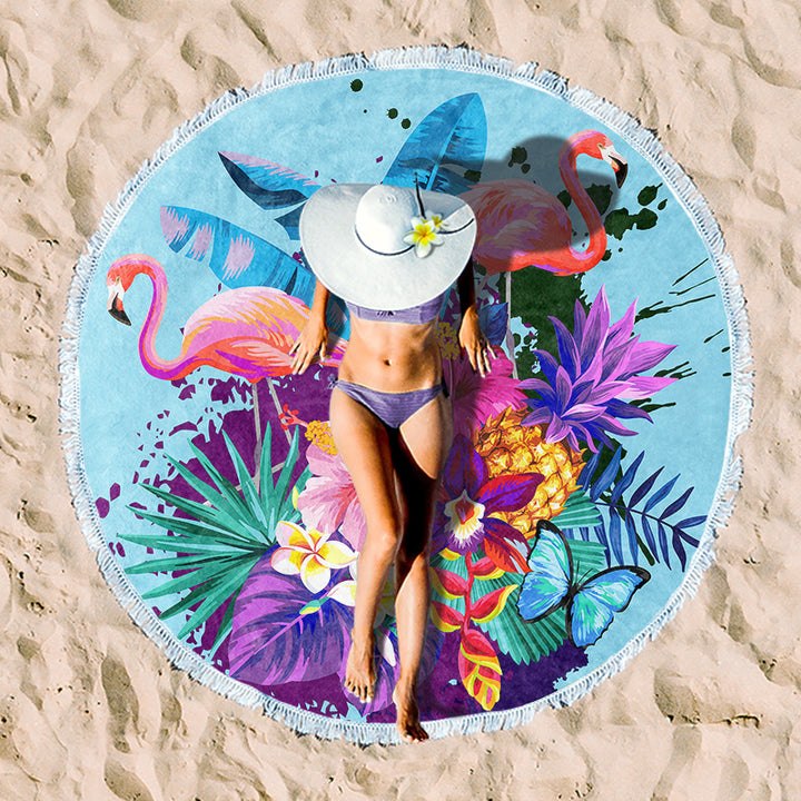 Round beach blanket with floral watercolor motifs Bowlift