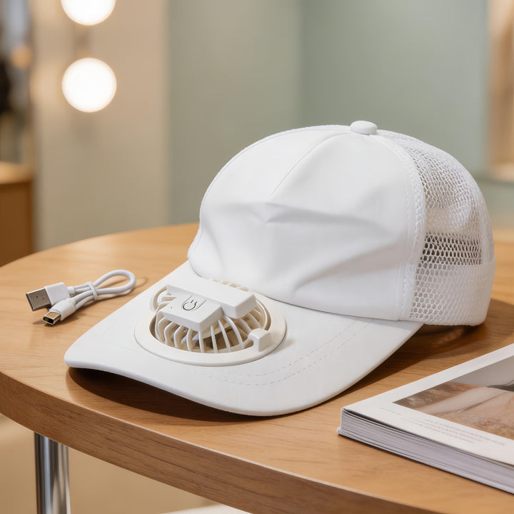 Unisex cap with integrated fan Bowlift
