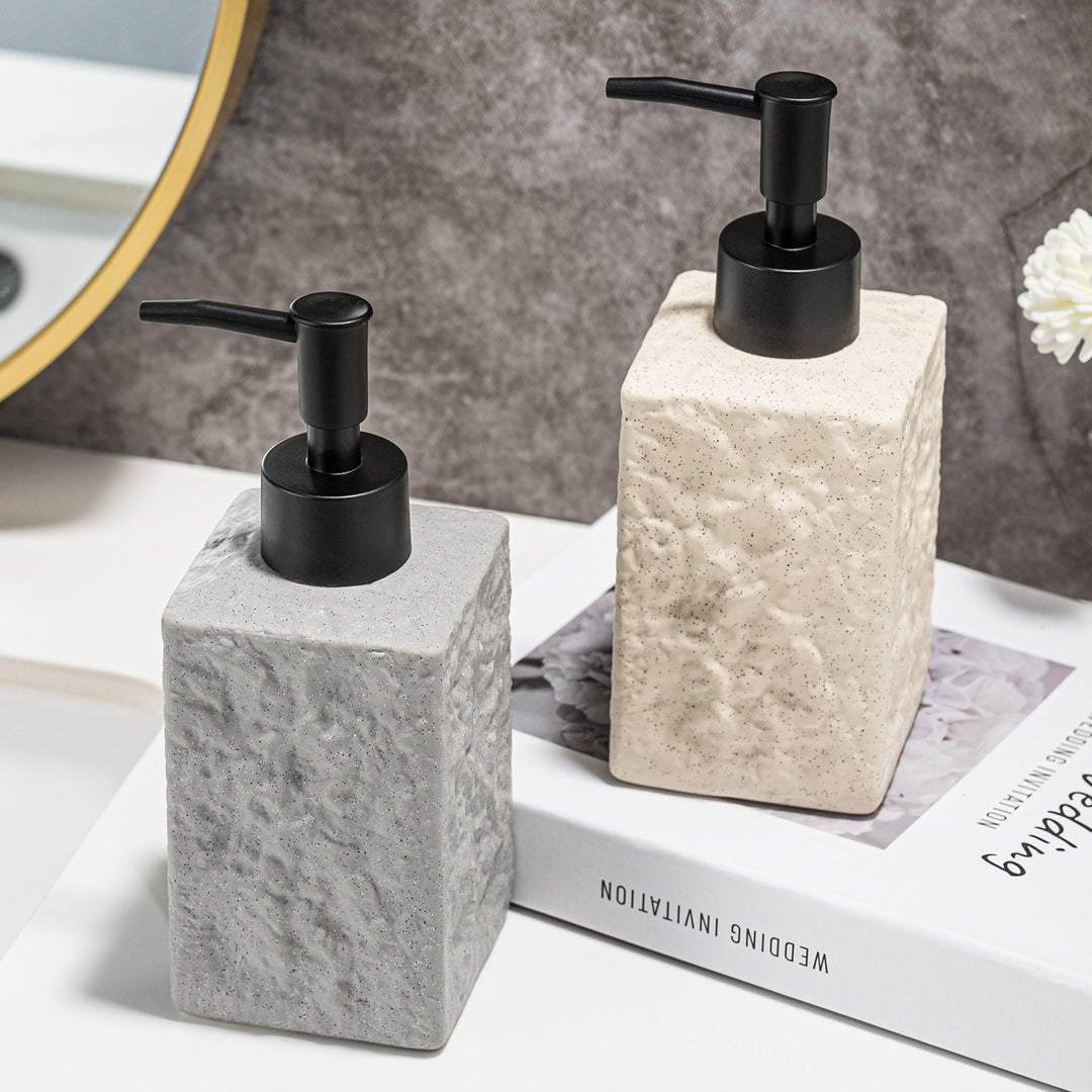 Textured Ceramic Rectangular Soap Dispenser with Matte Pump and Stone-Look Finish Bowlift