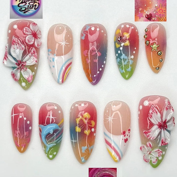 Artificial nail set with various designs and shiny embellishments Bowlift