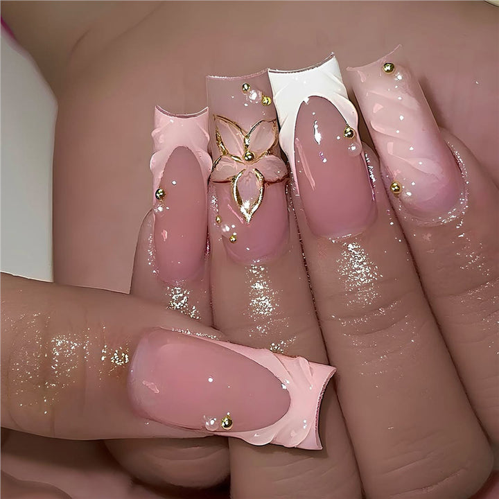 Elegant Floral-Embellished Press-On Nail Extensions Bowlift