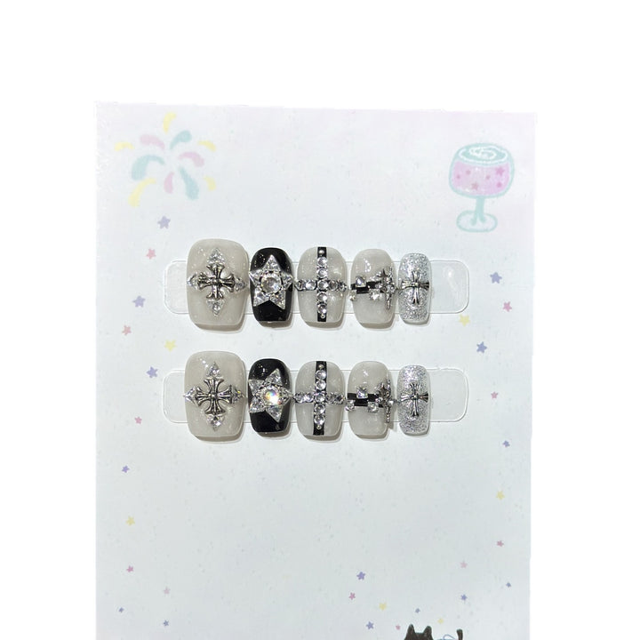 Artistic Press-On Nail Art Set with Gemstone Accents Bowlift