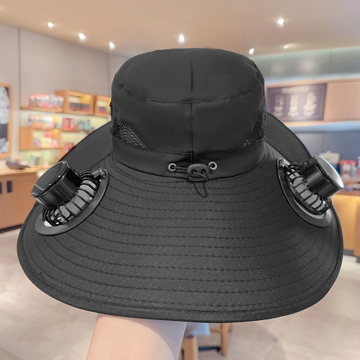 Ventilated sun hat with integrated battery fans, breathable mesh inserts, and adjustable chin strap Bowlift