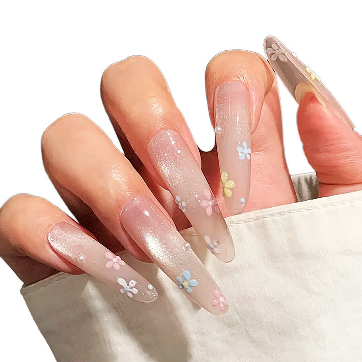 Long Acrylic Press-On Nails with Floral Embellishments Bowlift