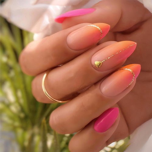 Press-On Nail Set with Vibrant Gradient Design and Golden Accents Bowlift