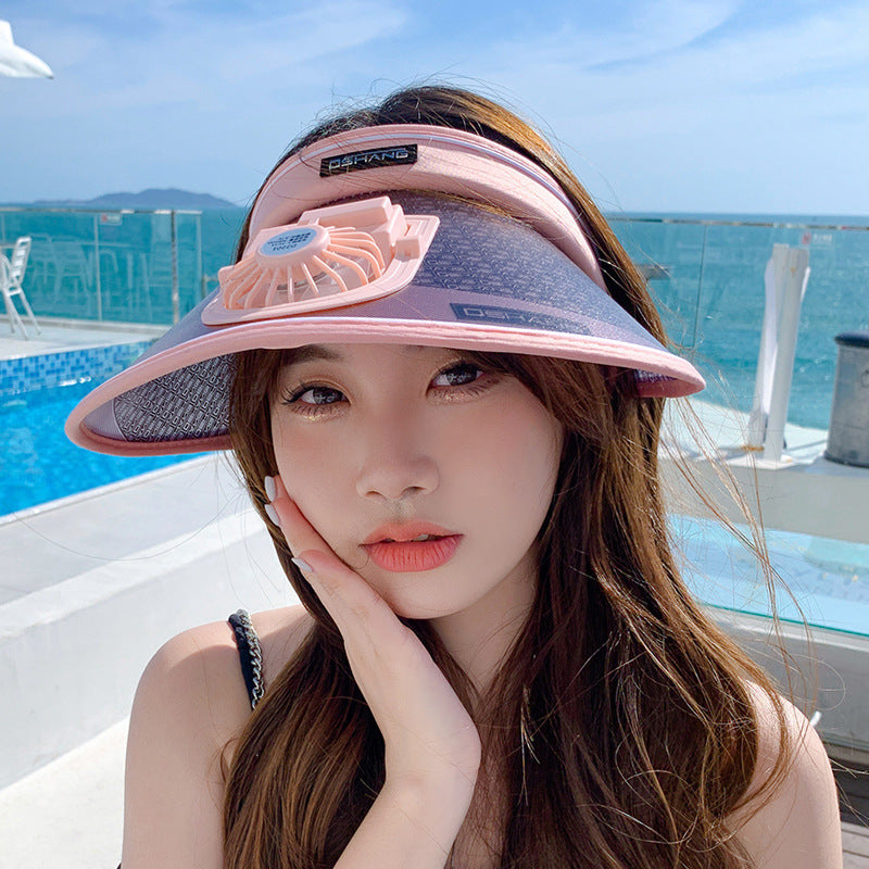Breathable sun visor for with integrated, quietly running fan and adjustable headband Bowlift