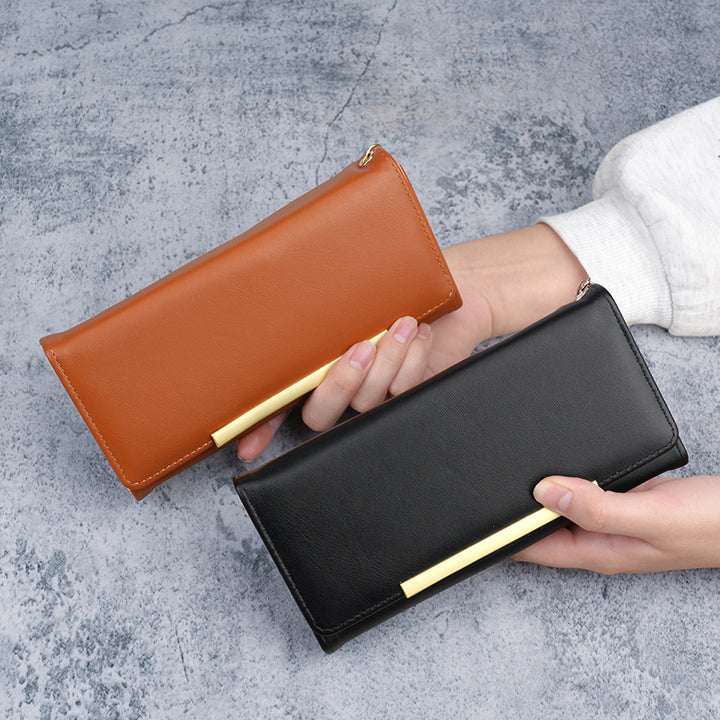 Premium vegan leather long wallet clutch with gold bar accent and detachable chain Bowlift