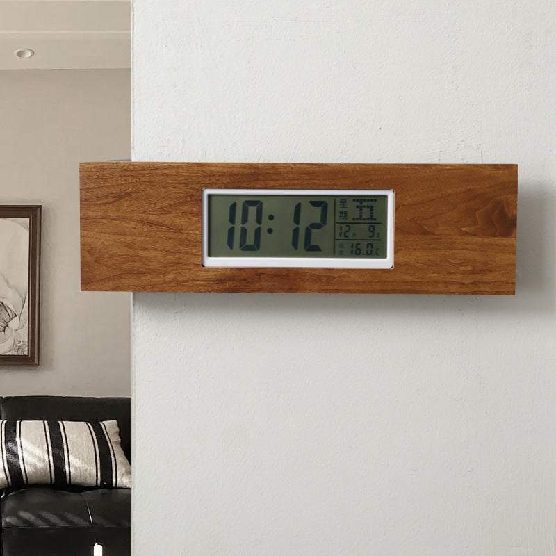 Corner-Mount Dual-Display Wooden Wall Clock with Analog Hands and LCD Panel Bowlift