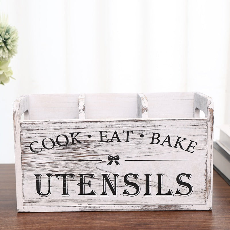 Rustic Farmhouse Kitchen Utensil Organizer Crate with Triple Compartments Bowlift