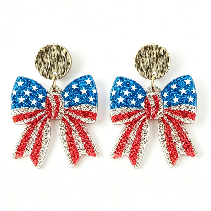 Ladies nan glittering bow earrings with stud closure and star stripe motif Bowlift