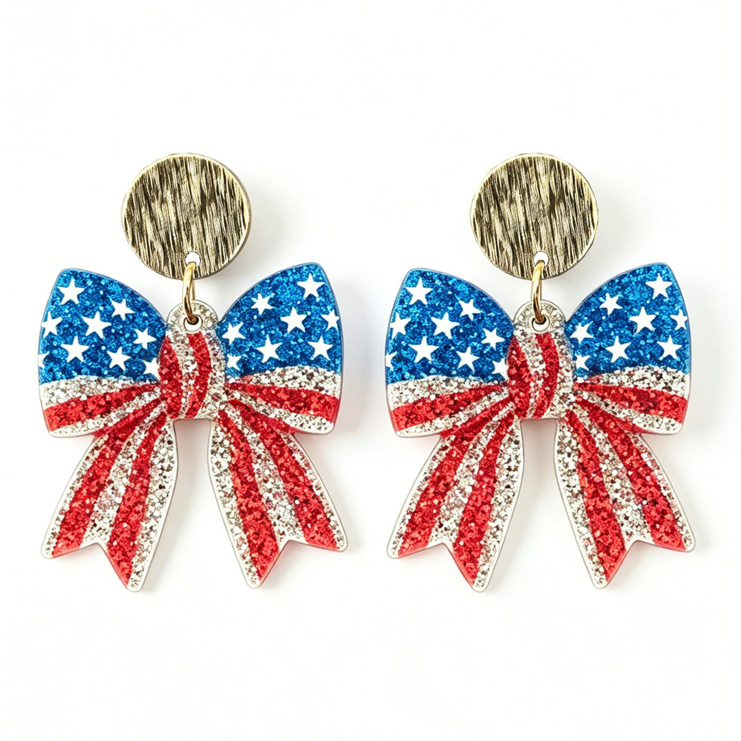 Ladies nan Statement bow earrings made of acrylic with glittering star stripe design and round studs Bowlift
