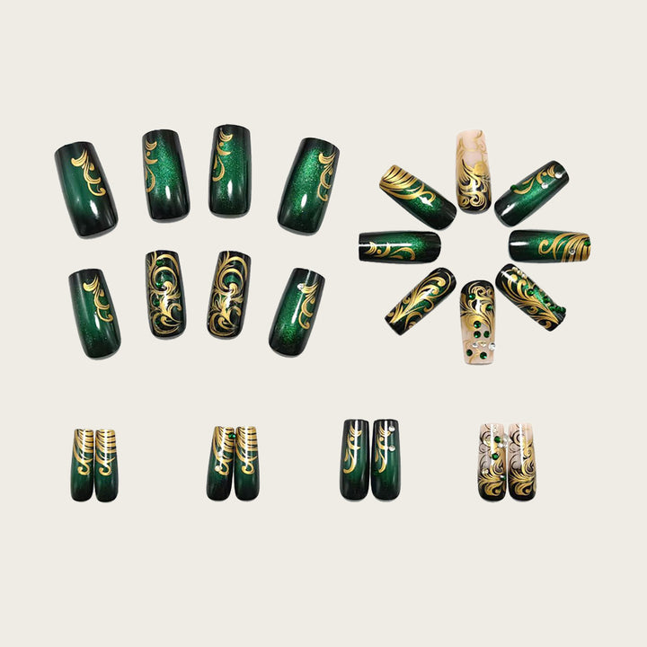 Artificial nails with elegant gold and green tones Bowlift