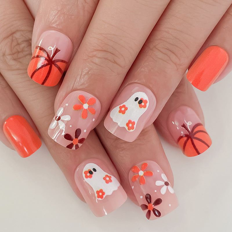 Artistic Press-On Nail Set with Halloween Themed Designs Bowlift