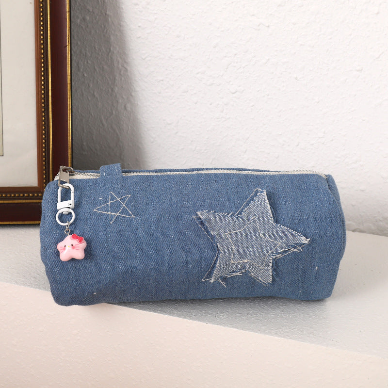 Denim Star-Appliqué Cylinder Pencil Case Makeup Pouch Bowlift