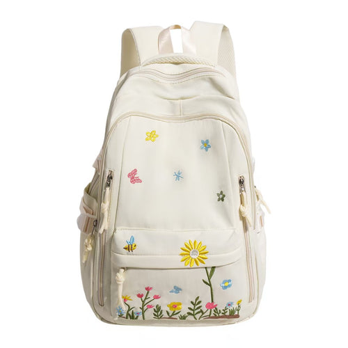 Backpack with Floral Embroidery Pattern and Practical Compartments Bowlift