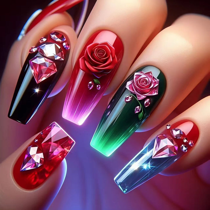 Artificial nails with floral and glittering accents Bowlift