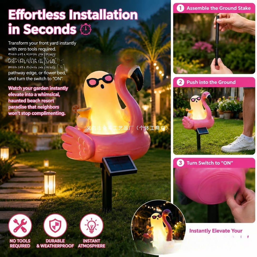 Whimsical Solar Flamingo Garden Stake Lantern With Integrated LED Character And Ground Spike Bowlift