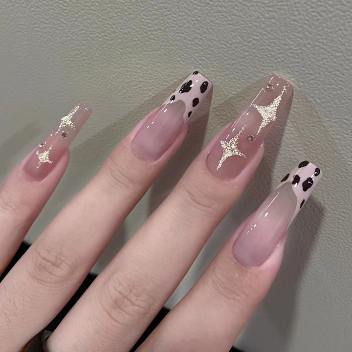 Artistic Press-On Nail Set with Leopard Print and Gold Accents Bowlift