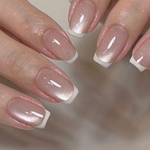 Glossy French Tip Gel Nail Extensions Bowlift