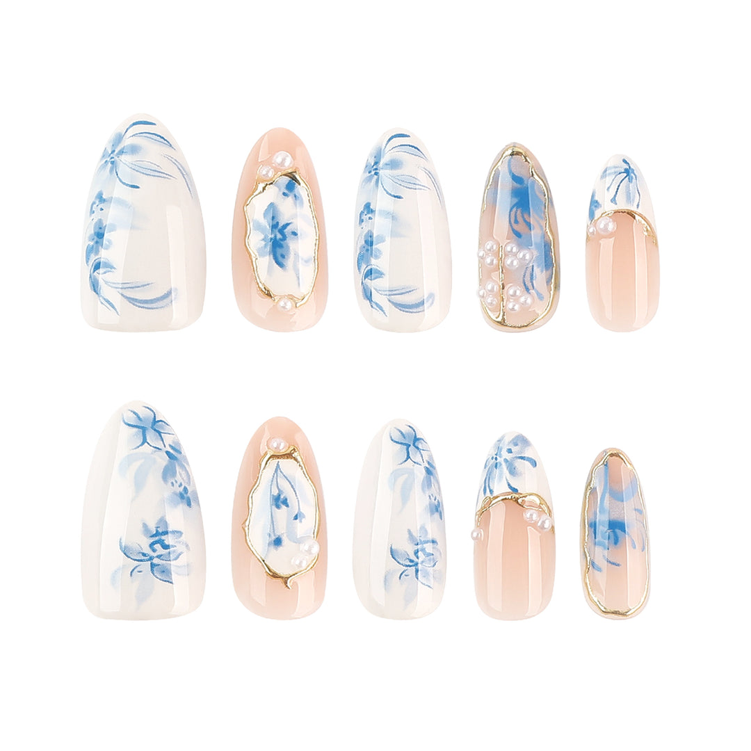 Elegant Artificial Nail Design with Floral Pattern Bowlift