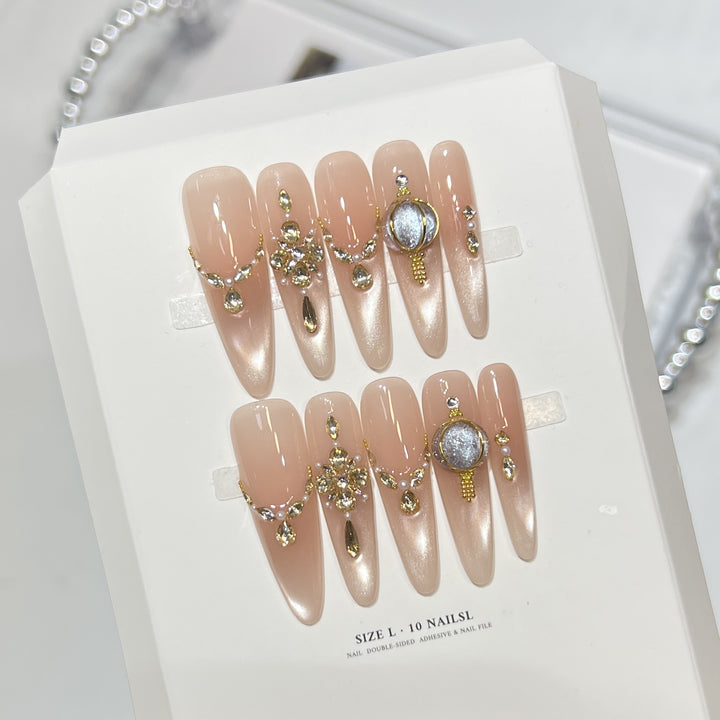 Decorative Stiletto Press-On Nail Set with Elegant Gemstone Embellishments Bowlift