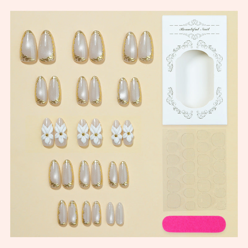 Elegant Press-On Nail Art Set with Floral and Gold Accents Bowlift