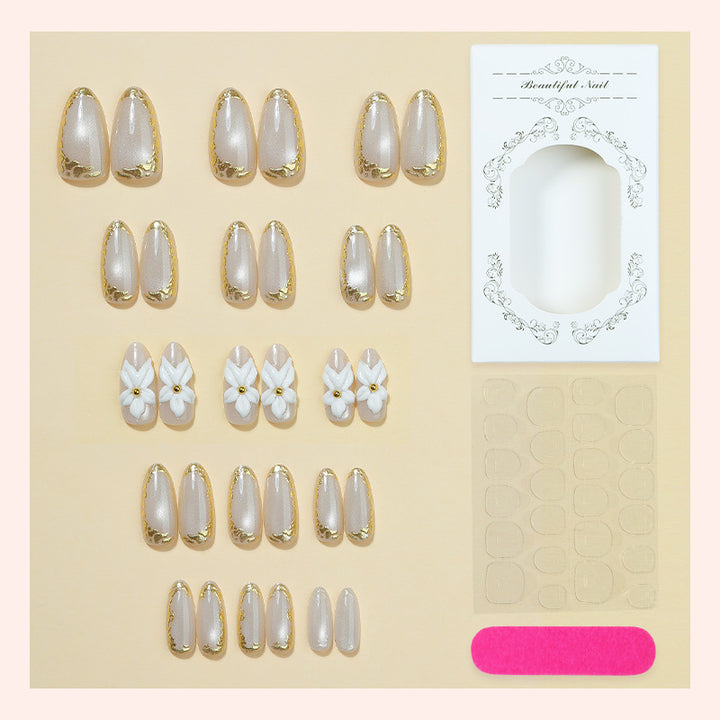 Elegant Press-On Nail Art Set with Floral and Gold Accents Bowlift