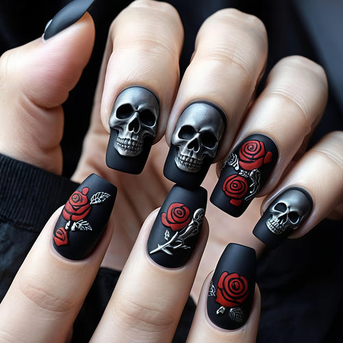 Gothic Skull and Rose Nail Art Bowlift