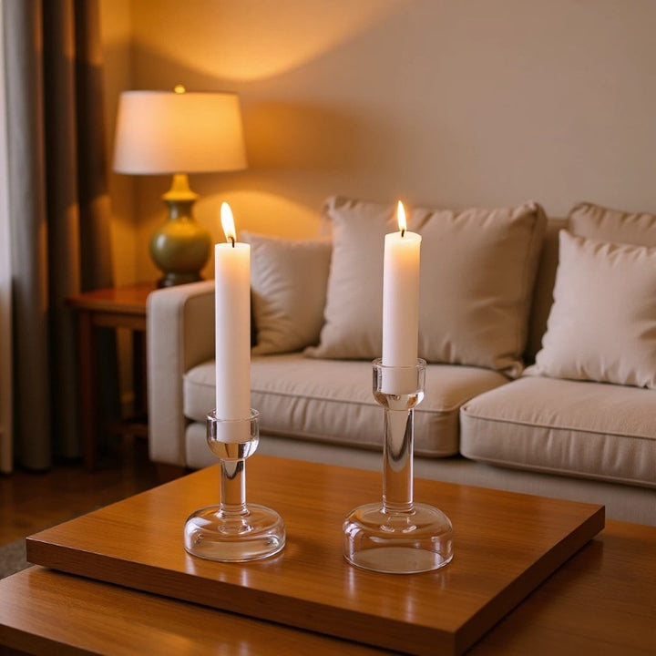 Minimalist Clear Glass Taper Candle Holder Pair with Weighted Base Bowlift