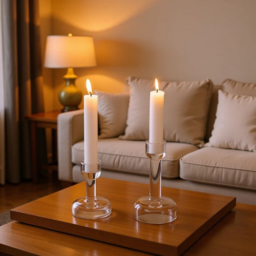 Minimalist Clear Glass Taper Candle Holder Pair with Weighted Base Bowlift