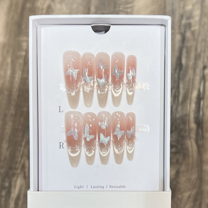 Artistic Stiletto Press-On Nail Set with Butterfly Design Bowlift