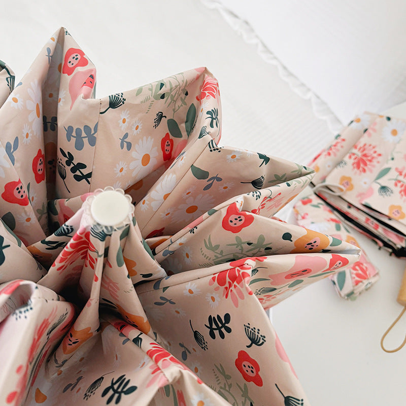 Ladies Folding Umbrella with Floral Design and Cute Details Bowlift