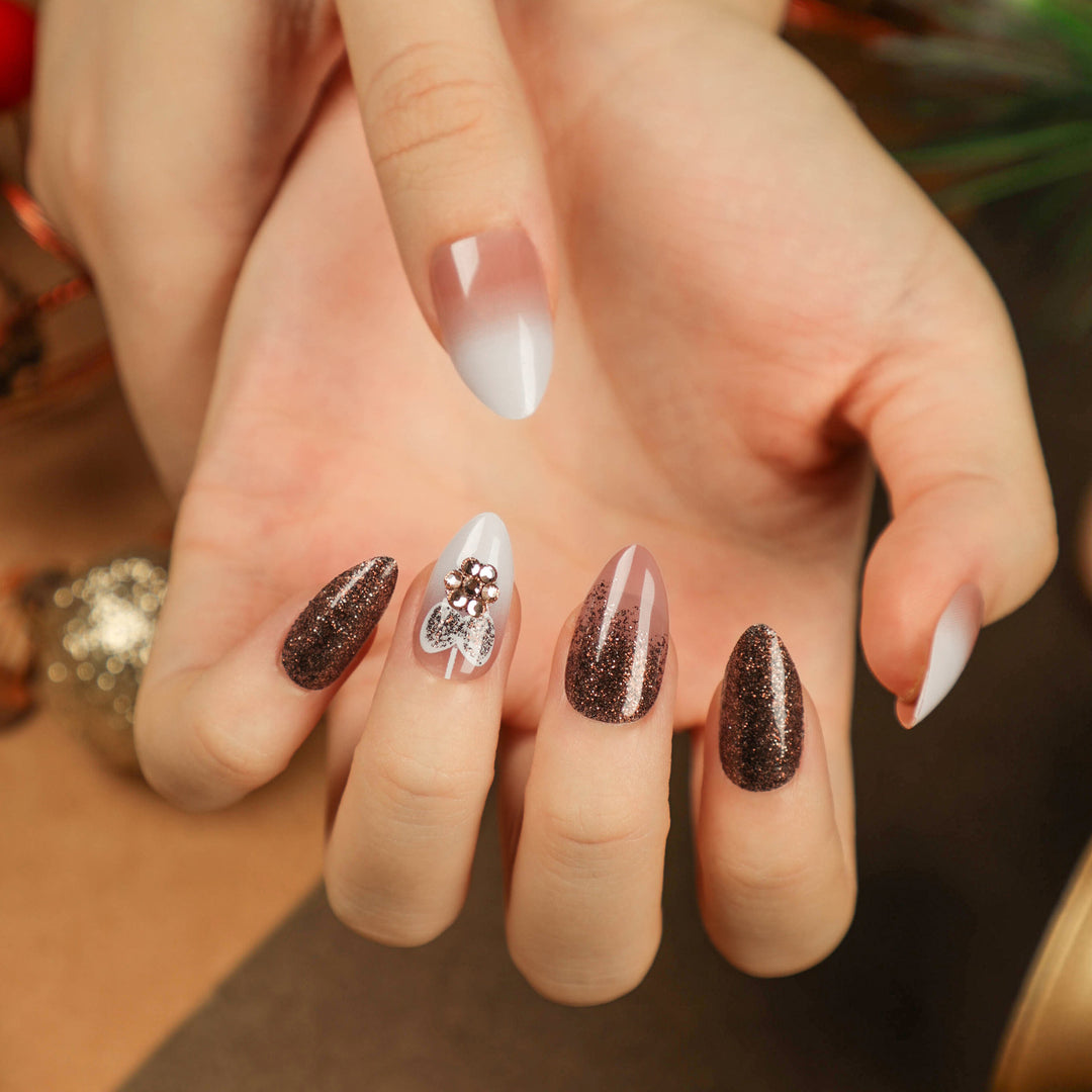 Artful Nail Extensions with Glitter and Heart Motif Bowlift