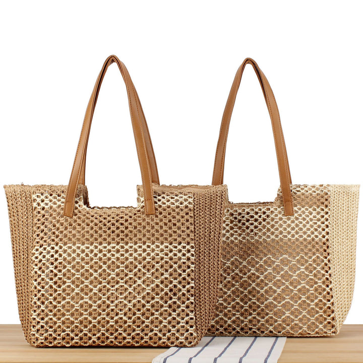 Shopping bag made of woven natural material with elegant leather handles Bowlift