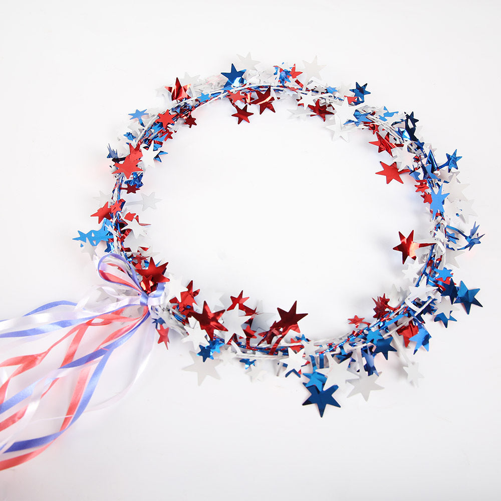 Unisex decorative star garland wreath with metal stars and long ribbons for door and window decoration Bowlift