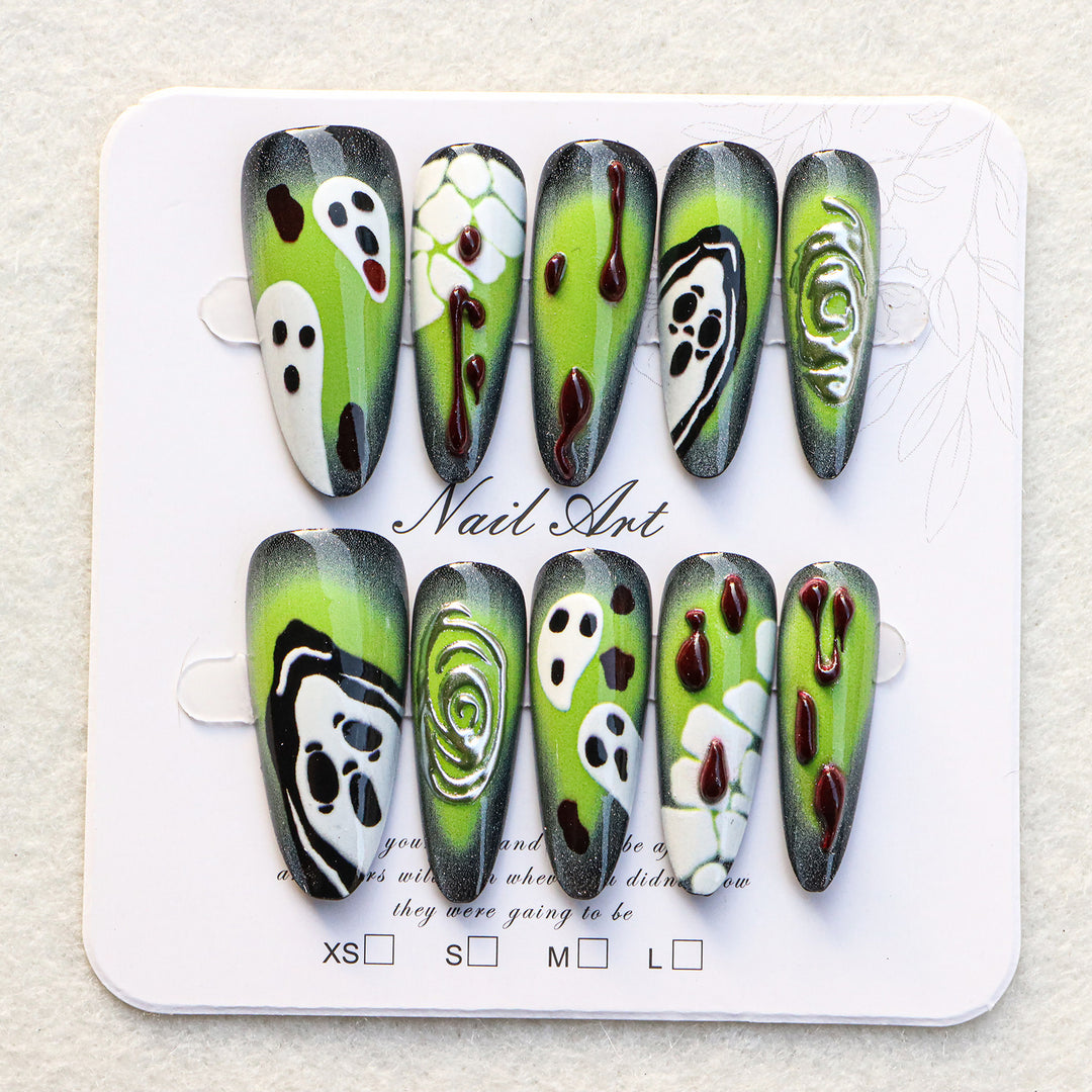 Artistic Press-On Nail Set with Unique Halloween Designs Bowlift