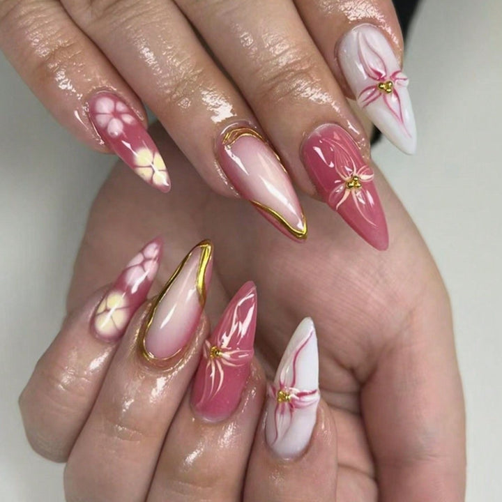 Artistic Floral Press-On Nail Design Bowlift