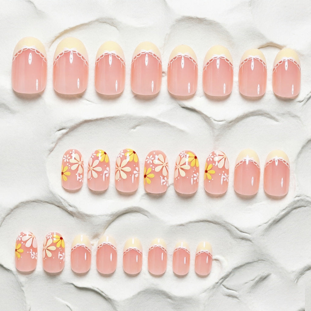 Elegant Floral French Tip Press-On Nails Bowlift