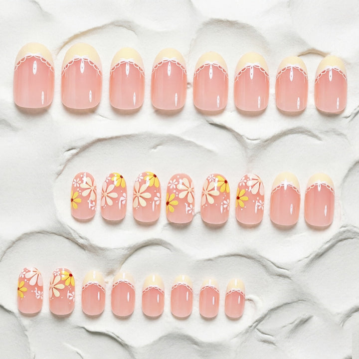 Elegant Floral French Tip Press-On Nails Bowlift