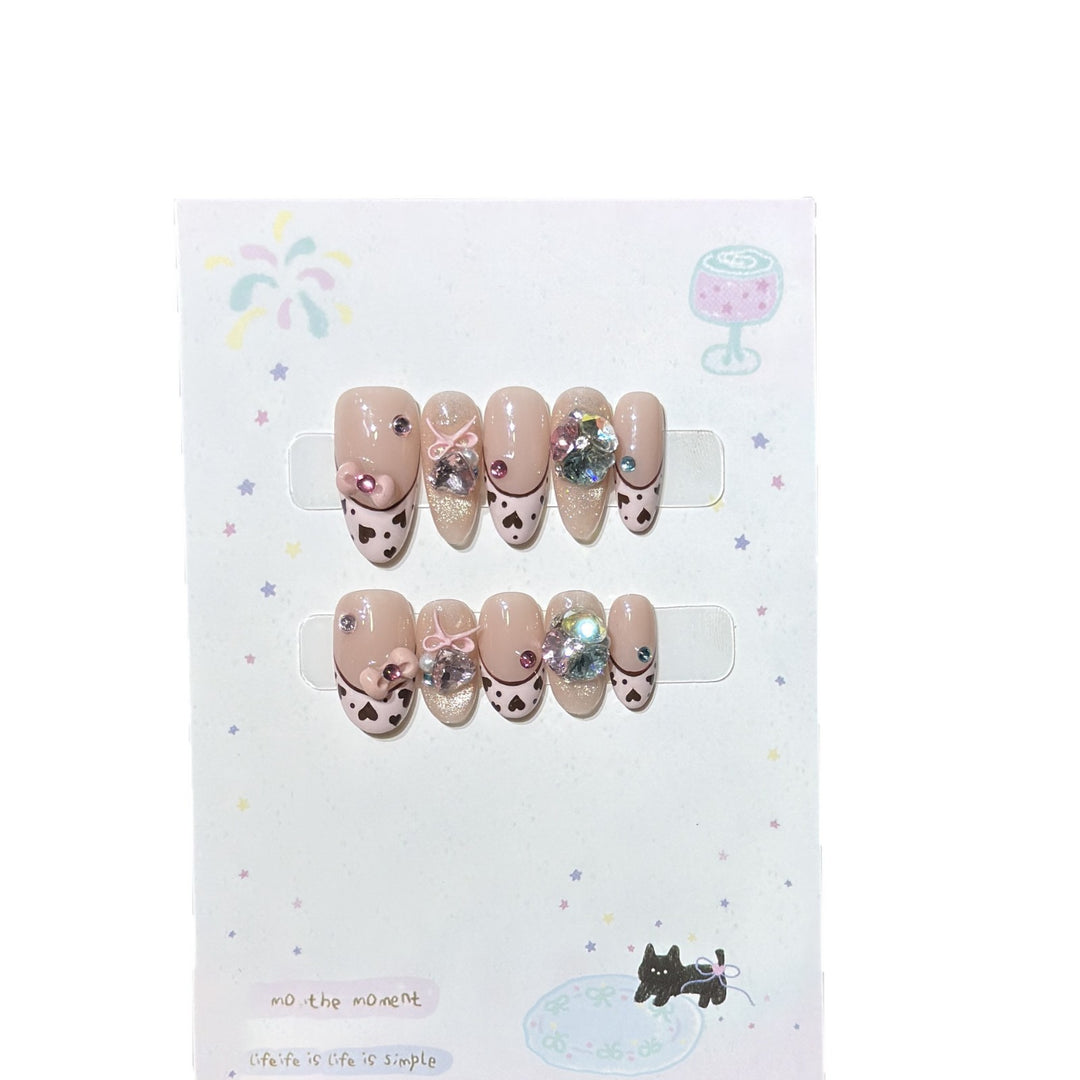 Decorative Press-On Nail Art Set with Heart and Gem Accents Bowlift