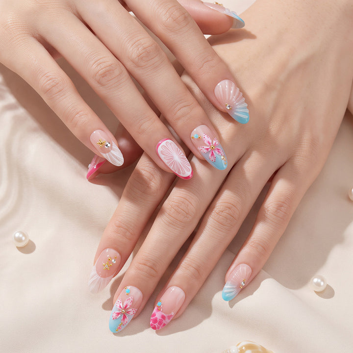 Artistic Floral Press-On Nail Set with 3D Accents Bowlift